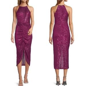 Badgley Mischka Dress Purple Magenta Sequin Mock Neck Sleeveless Bodycon Dress 4